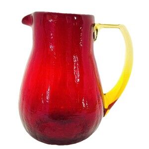 Vintage Amberina Crackle Glass Creamer Pitcher Red Yellow Handle 5.5” MCM